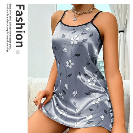 Women's Nightwear Summer Floral Print Satin Nightgown Casual Sleeveless Backless Nightdress Sexy Nightwear Home Clothes