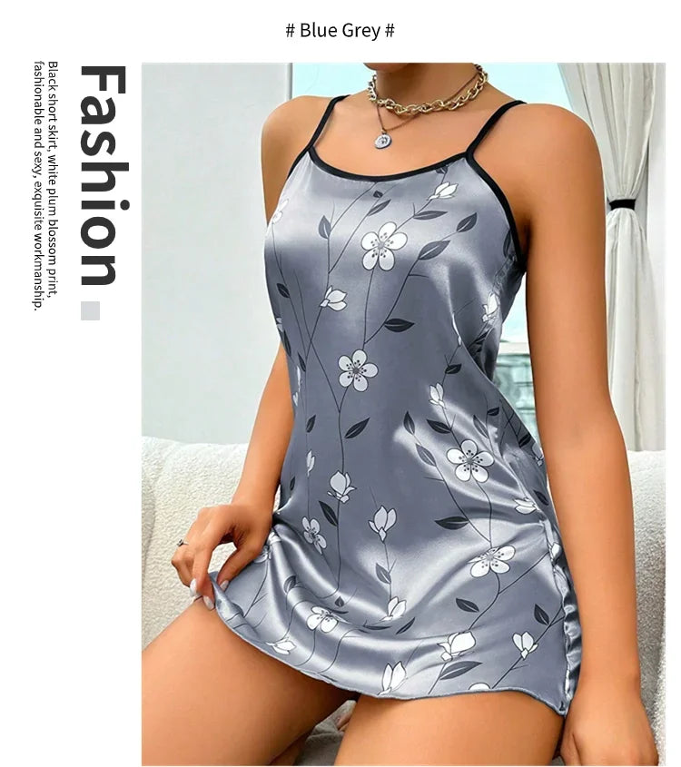 Indumenti da notte da donna Camicia da notte estiva in raso con stampa floreale Camicia da notte casual senza maniche senza schienale Camicia da notte sexy Abiti per la casa