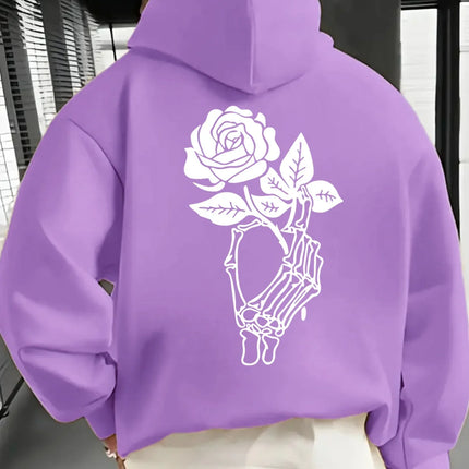 Gothic Skeleton Hand Holding Rose Large Back Print Hoodie Pullover Unisex Loose Fleece Lined Autumn Winter