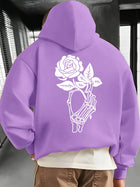 Gothic Skeleton Hand Holding Rose Large Back Print Hoodie Pullover Unisex Loose Fleece Lined Autumn Winter