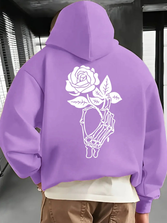 Gothic Skeleton Hand Holding Rose Large Back Print Hoodie Pullover Unisex Loose Fleece Lined Autumn Winter