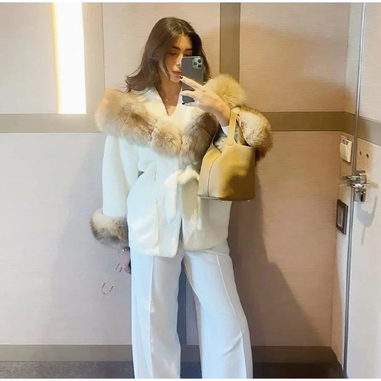 Cotton Lined Furry Fur Collar Belts Jacket Women Fashion Long Sleeve Thicken Warm Female Coat 2025 Winter Street Casual Outwear