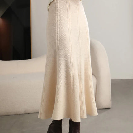 Grace Women's Skirt 100% Merino Wool Skirt Hip Hugging A-Line Wave Skirt Knitted Warm Autumn Winter Dress Slim Office Lady Skirt PlatiNum