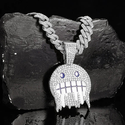 Men White Blue Cubic Zirconia Paved Hip Hop Round Face Pendants Necklaces with Cuban Chain Iced Out Bling CZ Fashion Boy Jewelry PlatiNum