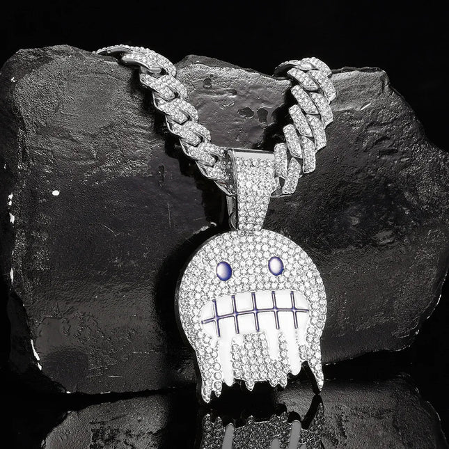 Men White Blue Cubic Zirconia Paved Hip Hop Round Face Pendants Necklaces with Cuban Chain Iced Out Bling CZ Fashion Boy Jewelry PlatiNum