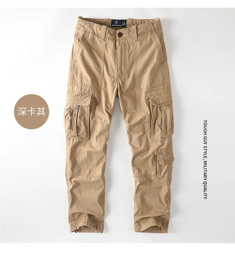 American Style Men's Heavyweight Cotton Cargo Pants Multi-Pocket Casual Loose Straight-Leg Work Trousers Outdoor Jogger Pants