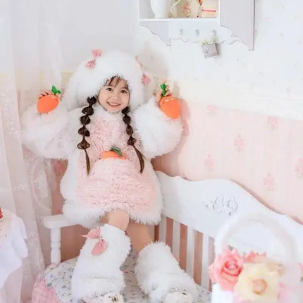 Cartoon Children Plush Rabbit Cosplay Costume Kawaii Kids Winter Warm Sets Top Pants Hat Suit Girl Halloween Party Outfits Gift