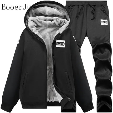 M-6XL Men's Winter 2 Piece Tracksuit Set, Thickened Warm Hooded Coat & Sweater, Outdoor Hiking Cycling Camping Running Outerwear