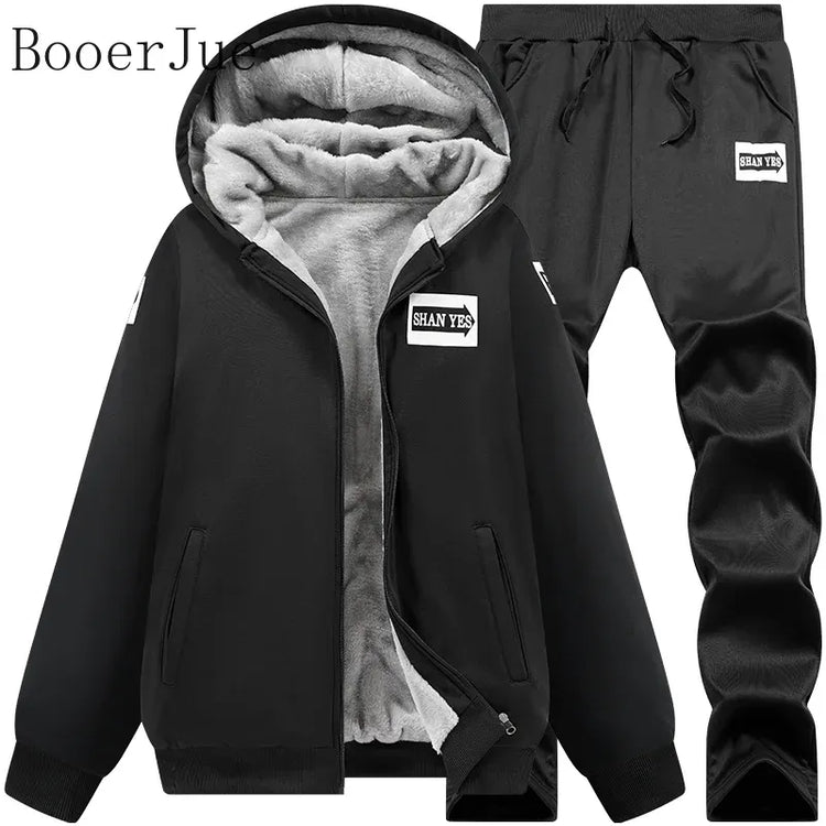 M-6XL Men's Winter 2 Piece Tracksuit Set, Thickened Warm Hooded Coat & Sweater, Outdoor Hiking Cycling Camping Running Outerwear