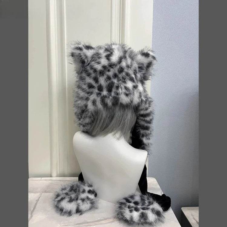 Cute Snow Leopard Ear Warmer for Ladies Chic Outdoor Windproof Ear Protection Hats Fluffy Warm Ear Caps Autumn Winter Head Hat