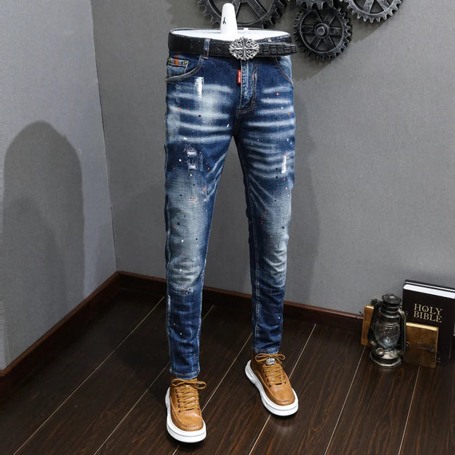 Fashion Designer Men Jeans Retro Blue Stretch Slim Fit Painted Ripped Jeans Men Korean Style Vintage Casual Denim Pants Hombre PlatiNum