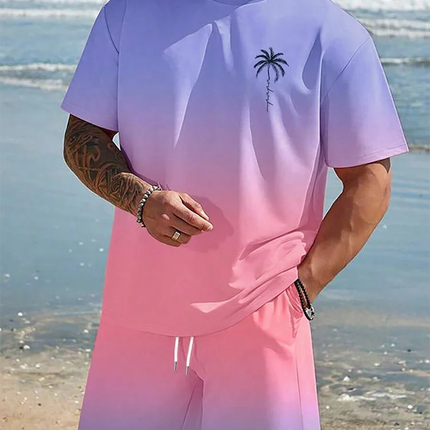 Men's Short Sleeve Gradient Print Shorts Set Fashion Hawaiian Men's Set Casual Summer Men's T-shirt Outdoor Beach Men's Shorts