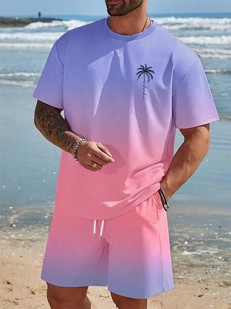 Pantaloncini a maniche corte da uomo con stampa sfumata Set Set di moda da uomo hawaiano T-shirt casual da uomo estiva Pantaloncini da uomo da spiaggia all'aperto