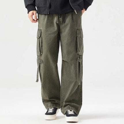 Autumn New Cargo Loose Multi-pockets 100% Cotton Straight Pants for Men Clothing Comfort Zipper Male Trouser GF258113