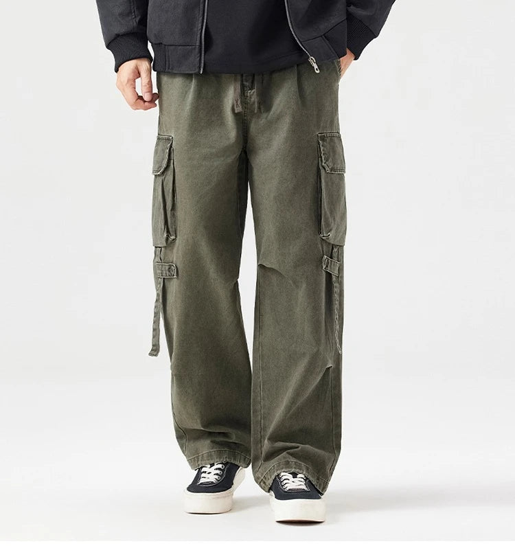 Autumn New Cargo Loose Multi-pockets 100% Cotton Straight Pants for Men Clothing Comfort Zipper Male Trouser GF258113