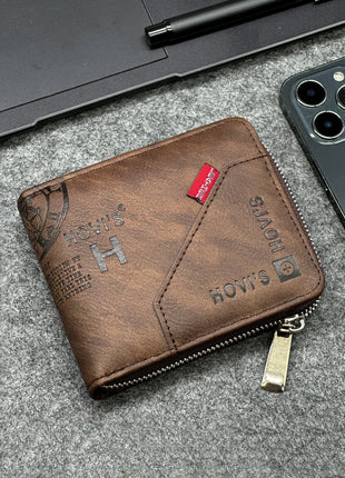 Portafoglio da uomo sottile in PU con cerniera - Dimensioni compatte per monete e carte - Design aziendale