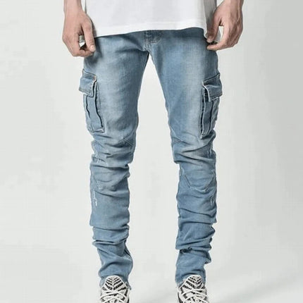Street Elastic Jeans Men Denim Cargo Pants Wash Solid Color Multi Pockets Casual Mid Waist Trousers Slim Fit Daily Wear Joggers PlatiNum