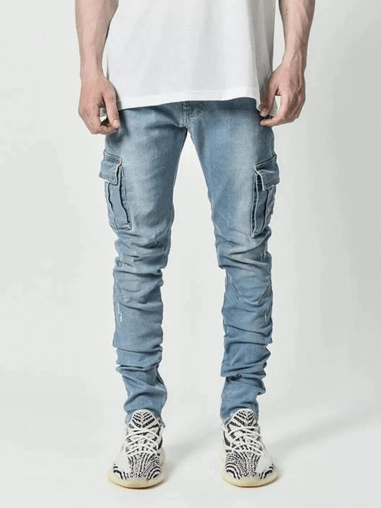Street Elastic Jeans Men Denim Cargo Pants Wash Solid Color Multi Pockets Casual Mid Waist Trousers Slim Fit Daily Wear Joggers PlatiNum