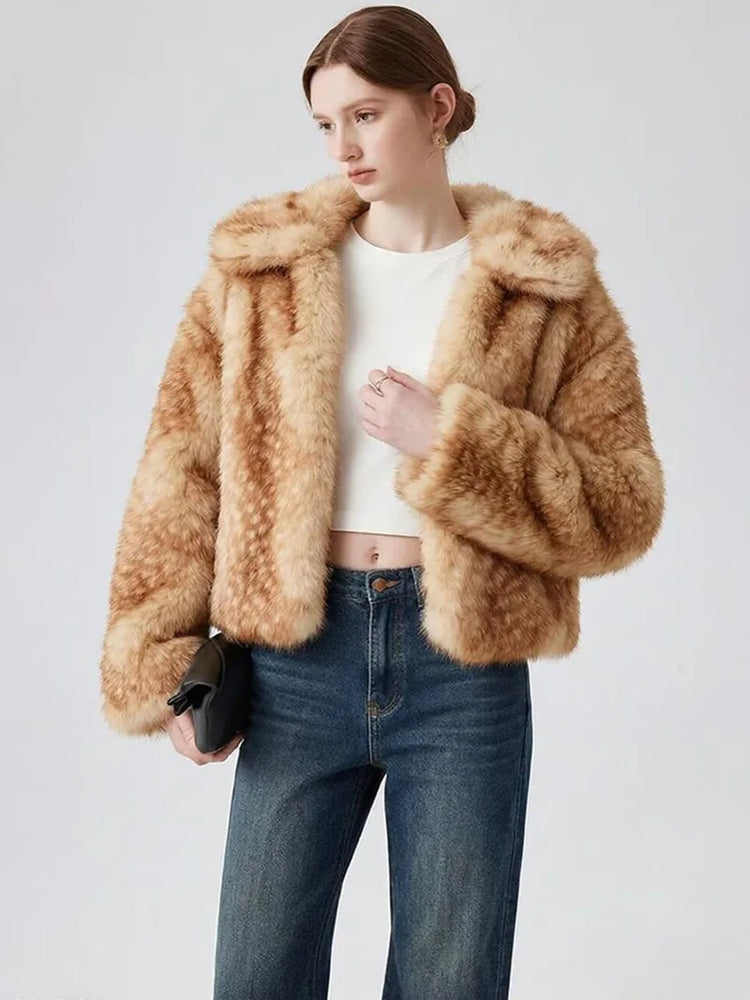ZADORIN Chic Turn Down Collar Deer-print Cropped Fluffy Faux Fur Coat Woman Elegant Warm Faux Fur Jackets Woman Winter Coat Tops