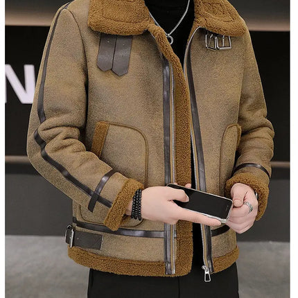 High-quality Faux Fur Leather Jackets Men Splicing Pockets Trend Casual Motorcycle Bike Jacket Winter Thick Warm Coat Streetwear