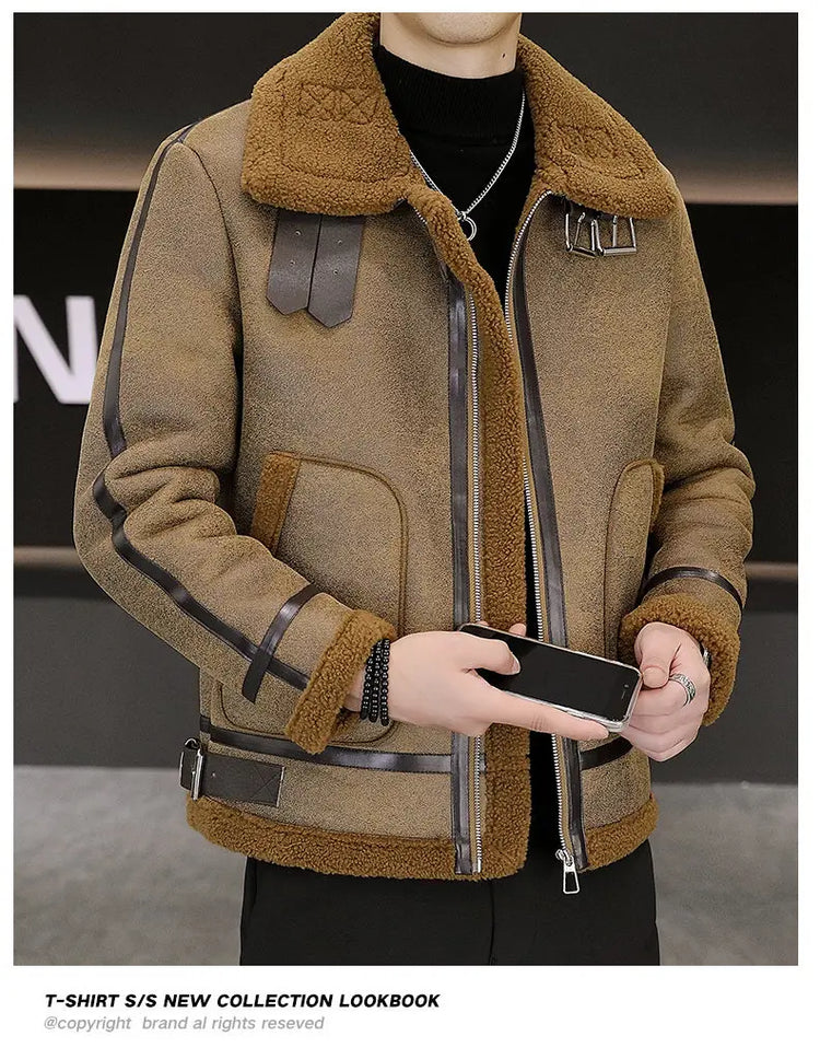 High-quality Faux Fur Leather Jackets Men Splicing Pockets Trend Casual Motorcycle Bike Jacket Winter Thick Warm Coat Streetwear