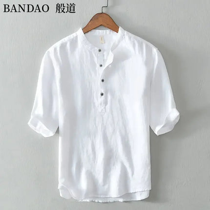 Men's High-End Loose Spring and Summer Chinese Style Short-Sleeved Cotton Linen Casual Breathable Shirt Collar T-shirt