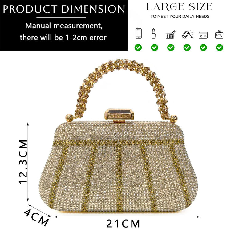 Popular In Nigeria Exquisite Evening Bags With Diamond Design Fashion Handle Clutch Rhinestone Embellished Long Chain Bag PlatiNum