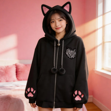 Cute Cat Ear Velvet Hoodies Women Cat Claw Long Sleeve Coat Black Harajuku Y2k 2000s Punk Rock Goth Sweetheart Women Jackets