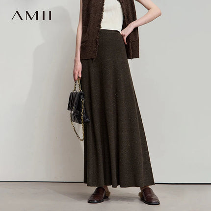 AMII Knitted Skirts For Women 2025 Autumn New Gentle A-line Long Skirt Loose Solid Color Elegant Versatile Woman Clothes12553045 PlatiNum