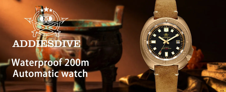 ADDIESDIVE Mens Automatic Mechanical Dive Watch Japan 8215 Movement Bronze Case Sapphire Crystal 200M Waterproof Ceramic Bezel