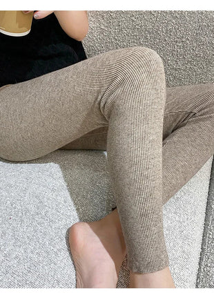 Autumn Winter Women Wool Thickening Leggings High Waist Ribbed Vertical Stripe Casual Knitted Leggings Warm Wear out Pantyhose PlatiNum