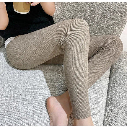 Autumn Winter Women Wool Thickening Leggings High Waist Ribbed Vertical Stripe Casual Knitted Leggings Warm Wear out Pantyhose PlatiNum