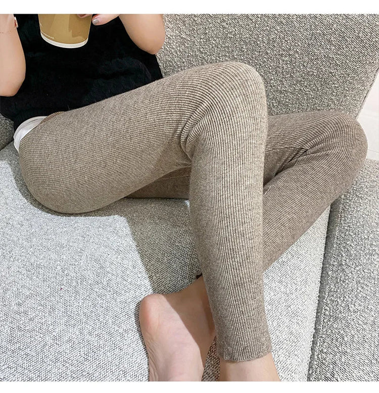 Autumn Winter Women Wool Thickening Leggings High Waist Ribbed Vertical Stripe Casual Knitted Leggings Warm Wear out Pantyhose PlatiNum