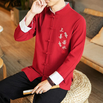 Camicie a maniche lunghe da uomo Ricamo tradizionale in cotone e lino Casual Tang Suit Cardigan da uomo Camicette Kung Fu retrò stile cinese da uomo