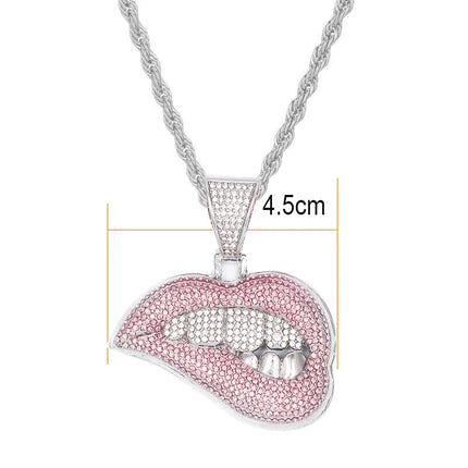 Collana con ciondolo a forma di labbro per morso hip-hop da donna per uomo con catena cubana in cristallo da 13 mm Collane hip-hop ghiacciate Bling Gioielli di moda PlatiNum