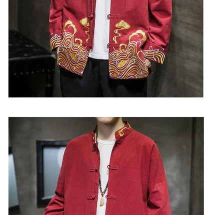 Camicie da uomo ricamate 2026 primavera stile cinese retrò colletto alla coreana giacca in cotone e lino cardigan da uomo Kungfu allentato casual Top
