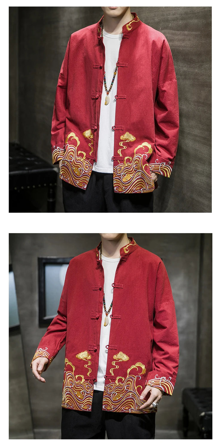 Camicie da uomo ricamate 2026 primavera stile cinese retrò colletto alla coreana giacca in cotone e lino cardigan da uomo Kungfu allentato casual Top