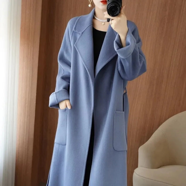 100% Wool Coat Women's Wear 2026 Autumn/Winter Fashion Temperament Double sided Cashmere Coats with Belt Elegant Long Overcoat