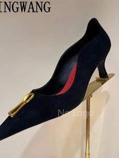 High Quality Leather Thin Heel Pumps Slip On Pointed Toe Suede Metal Shoes Women Sexy Party Sandals For Women Mujer