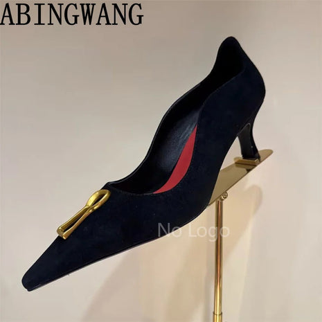 High Quality Leather Thin Heel Pumps Slip On Pointed Toe Suede Metal Shoes Women Sexy Party Sandals For Women Mujer PlatiNum