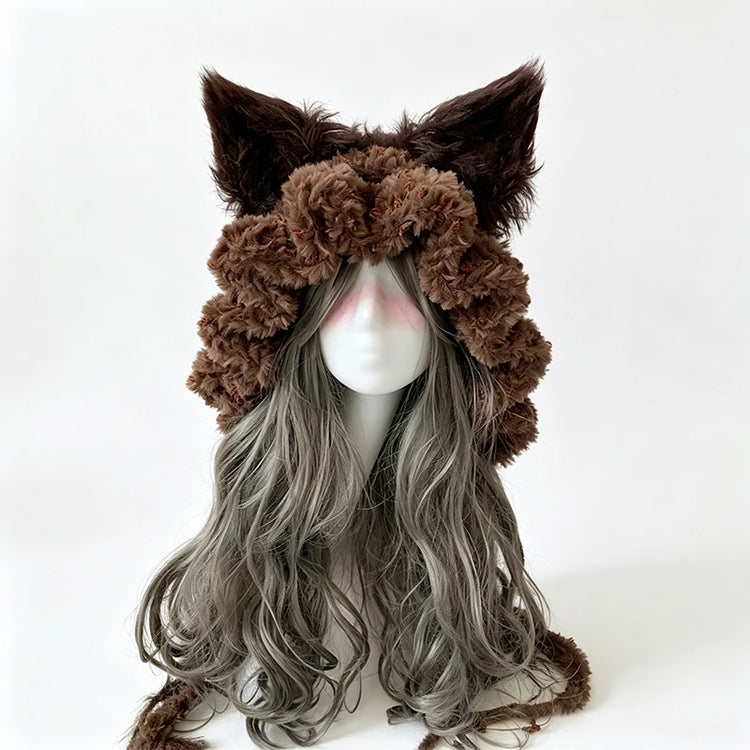 Custom Handmade Crochet Moss Green Fox Ear Hat Women Plush Floral Knitted Beanie Men Goblincore Cosplay Forest Winter Warm Hood