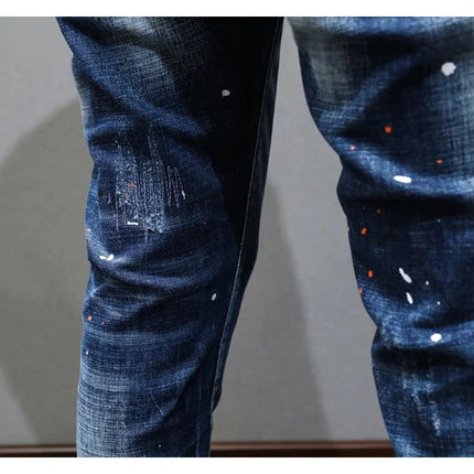 Fashion Designer Men Jeans Retro Blue Stretch Slim Fit Painted Ripped Jeans Men Korean Style Vintage Casual Denim Pants Hombre PlatiNum