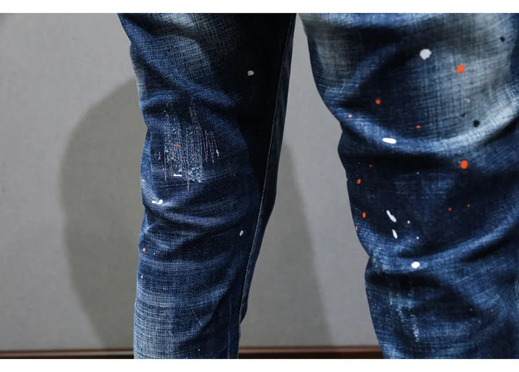 Fashion Designer Men Jeans Retro Blue Stretch Slim Fit Painted Ripped Jeans Men Korean Style Vintage Casual Denim Pants Hombre PlatiNum