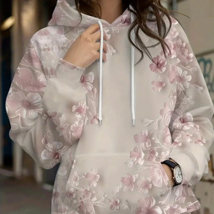 Casual French Flower Hoodie Top Women Autumn Spring Y2K Hoodie Floral Print Hoodie Loose Thin Polo Neck Coat Oversized Top New