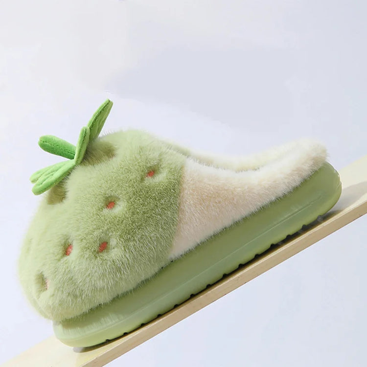 Cute Strawberry Design Furry Cotton Slippers Women's Winter Thick Soled Anti Slip Indoor Home Slippers Comfort Plush Warm Shoes