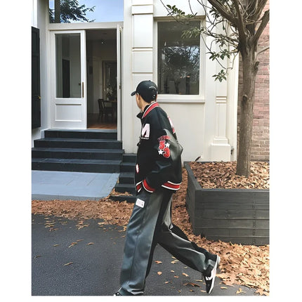 Streetwear Bomber Baseball Jacket Men Y2K Hip Hop Letter Embroidered Leather Retro Jacket Men Motorcycle Wear Zipper Coats Male