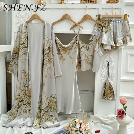 4PC Abito di seta Abito da notte Pigiama di raso di pizzo da donna Abito con scollo a V Cami Camicie da notte Indossare Pijama Home Nightwear Camicia da notte primaverile