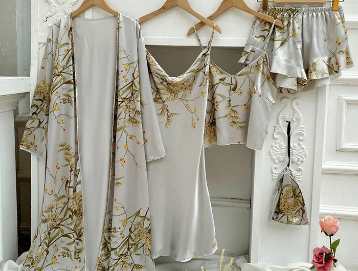 4PC Abito di seta Abito da notte Pigiama di raso di pizzo da donna Abito con scollo a V Cami Camicie da notte Indossare Pijama Home Nightwear Camicia da notte primaverile