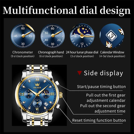 OLEVS 2858 Orologio da Uomo in Acciaio Inossidabile, Impermeabile, Antigraffio, con Fasi Lunari, Luminoso, Cronografo, Orologio da Polso al Quarzo di Lusso platinumshop