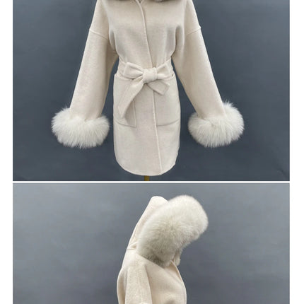 MISSJANEFUR Wool Coat with Real Fox Fur Collar Cuff Women Fashion Belted Cashmere Coats Warm Winter Hooded Trench Peacoat